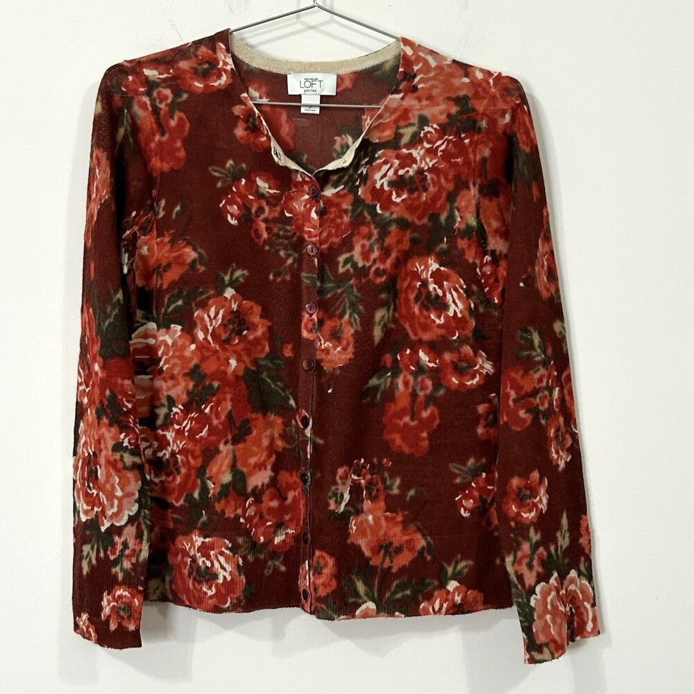 ANN TAYLOR LOFT PETITES L Petite Floral Cardigan Red Green Lightweight Knit